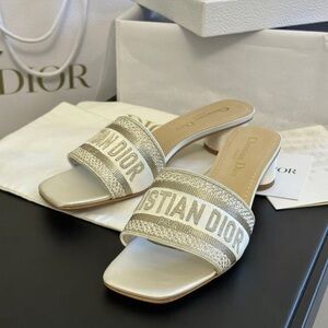 Dior Cream and Gold Logo Slide Mules